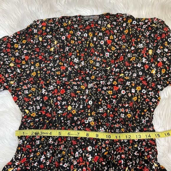 J Gee Black Red Ditsy Floral Button-Up 3/4 Sleeve Midi Boho Dress Medium Petite - Picture 10 of 12